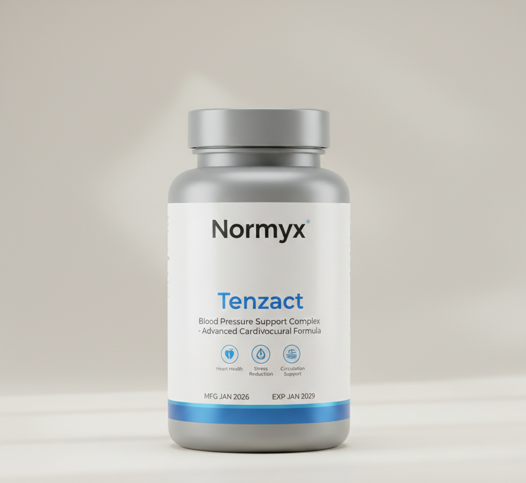 Tenzact - přírodní doplněk stravy v moderním balení s rostlinnými extrakty pro podporu zdravého krevního tlaku, fotografováno ve studiových podmínkách s profesionálním osvětlením